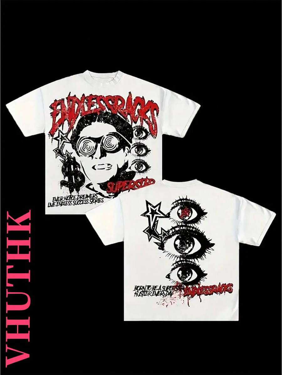 (220 Pure Cotton T-Shirt)    Men's Summer Round Neck Short Sleeved Casual Pure Cotton Print  Y2K Style Hand Drawn - 白色 - 查看 1