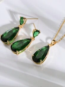 3pcs Women's Multi-Color Crystal Zirconia Jewelry Set - Gold/White Plated Multi-Color Teardrop Cubic Zirconia Crystal Earrings And Pendant Necklace Set, Suitable For Mothers' Weddings, PROM Parties, Birth Stone Fashion - màu xanh lá - Xem 1