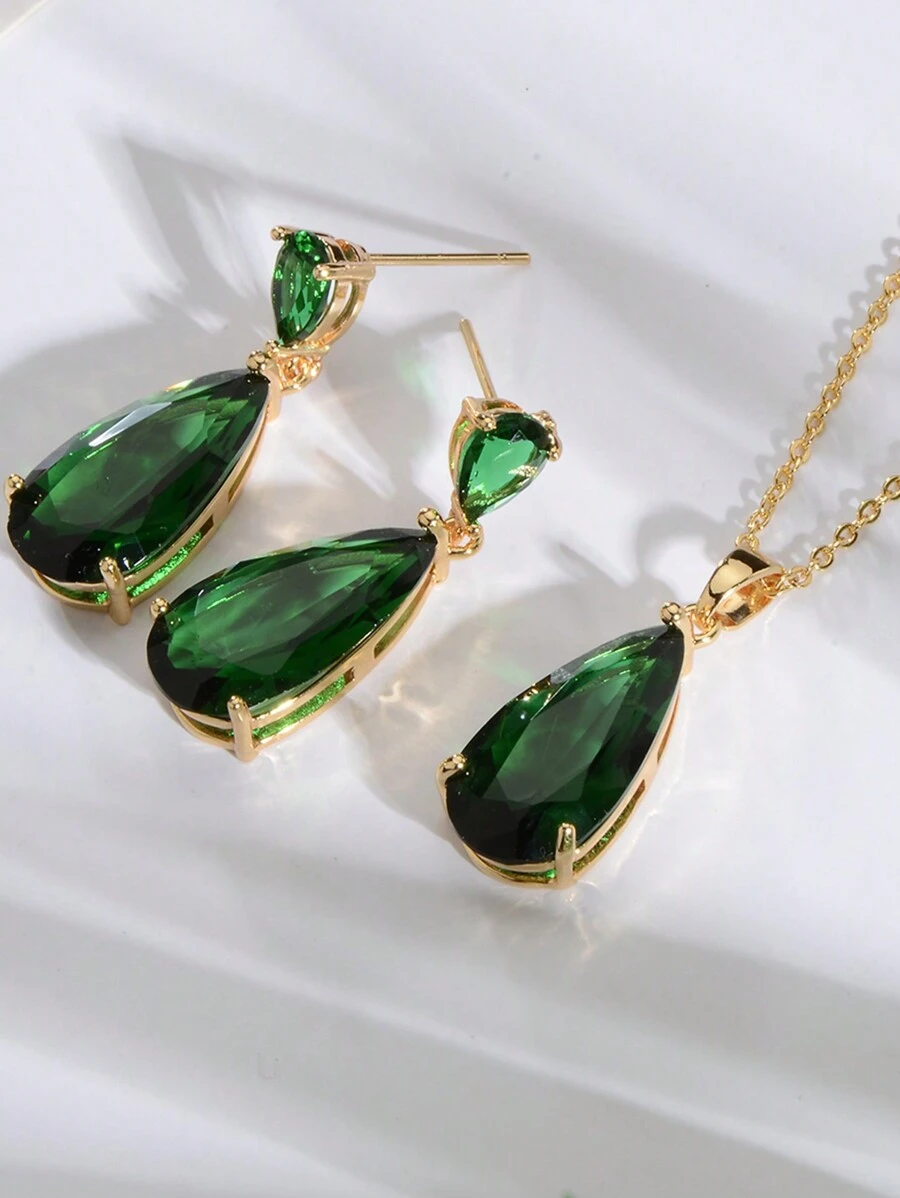 3pcs Women's Multi-Color Crystal Zirconia Jewelry Set - Gold/White Plated Multi-Color Teardrop Cubic Zirconia Crystal Earrings And Pendant Necklace Set, Suitable For Mothers' Weddings, PROM Parties, Birth Stone Fashion - màu xanh lá - Xem 1