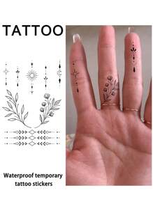 1 件小图案几何临时纹身防水防汗一次性纹身贴纸适用于男女手臂、腰部、胸部、腿部、腹部、颈部、手部、手指、背部现代人体艺术 - 黑色 - 查看 7