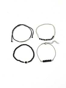 4 Pcs/Set Fashion Black Crystal Handmade Beads Bracelets Set For Women,Fashionable Vacation Party Jewelry Gifts