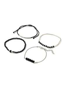 4 Pcs/Set Fashion Black Crystal Handmade Beads Bracelets Set For Women,Fashionable Vacation Party Jewelry Gifts