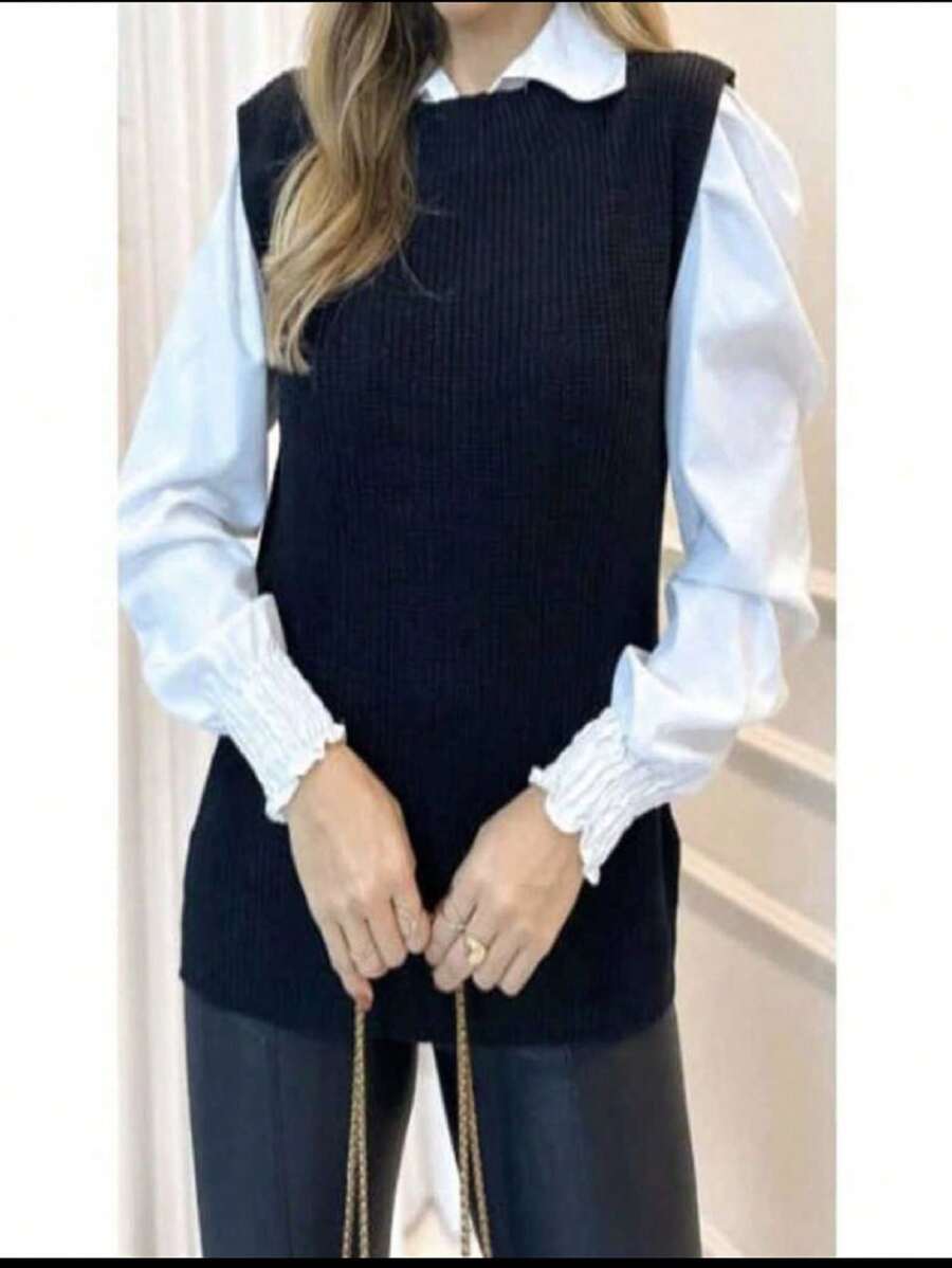 WOMEN'S FASHION LONG PLAIN LINEN KNITTING - màu đen - Xem 1
