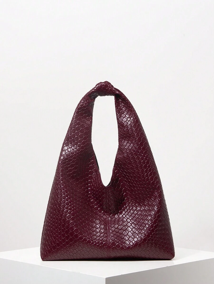 女士复古仿皮编织图案托特包，大容量单肩托特包，女士工作包，秋冬女士钱包，酒红色钱包，女士礼物，圣诞包（图案随机），时尚酒红色包