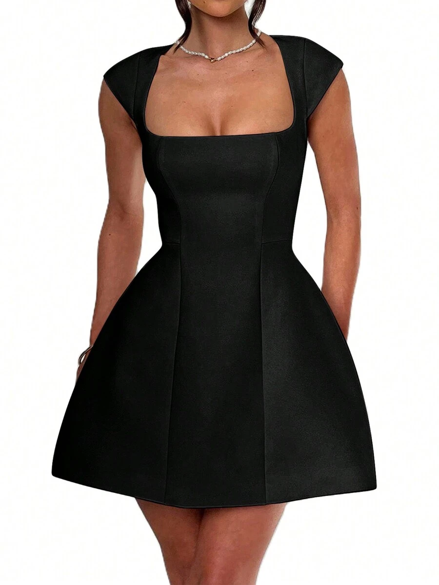 Vestido mini de manga corta para mujer, de unicolor, con cuello cuadrado, silueta slim tipo A, con bolsillos - Negro - Ver 1