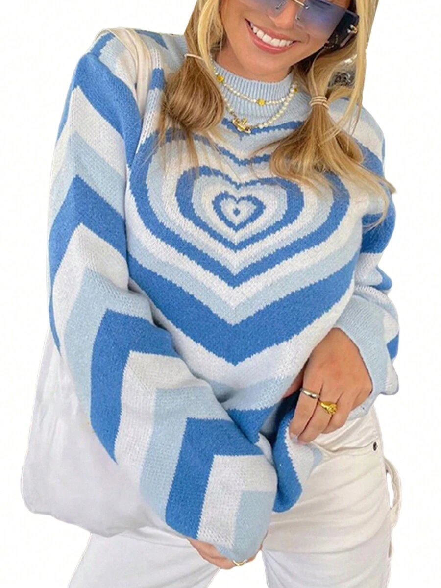 Women Love Heart Print Sweater, Long Sleeve O-neck Knitted Pullover for Autumn, Winter - Azul - Ver 1