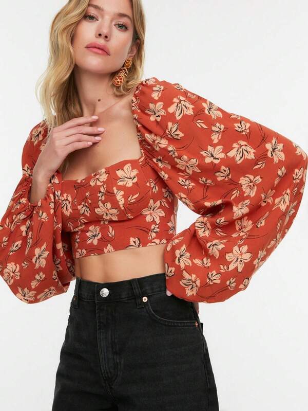 Camisa de tejido con manga farol corta y estampado floral para mujer, para primavera/verano