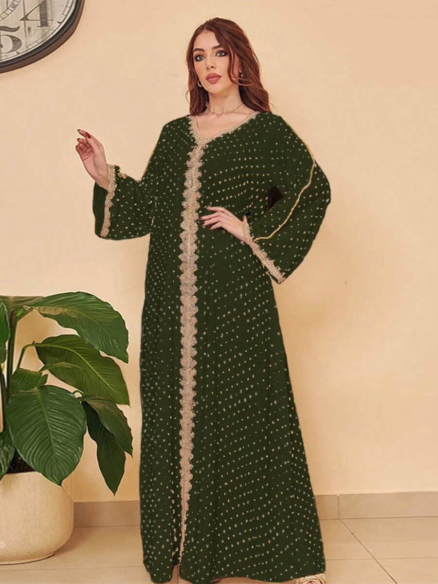 Primavara/Vara 2025 Rochie in stil arabesc cu broderie din dantela florala cu stampila aurie - Verde - Vizualizare 1
