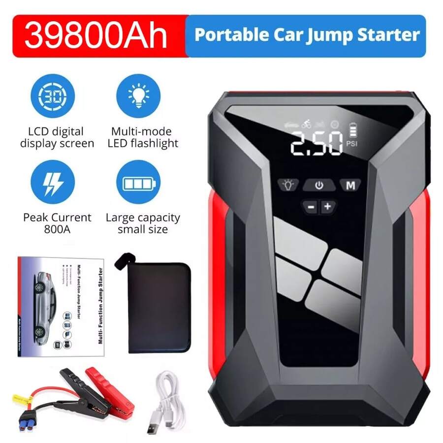 12V Car Jump Starter Battery Booster Charger +Air Compressor Inflator Pump 1600A - Black - View 1