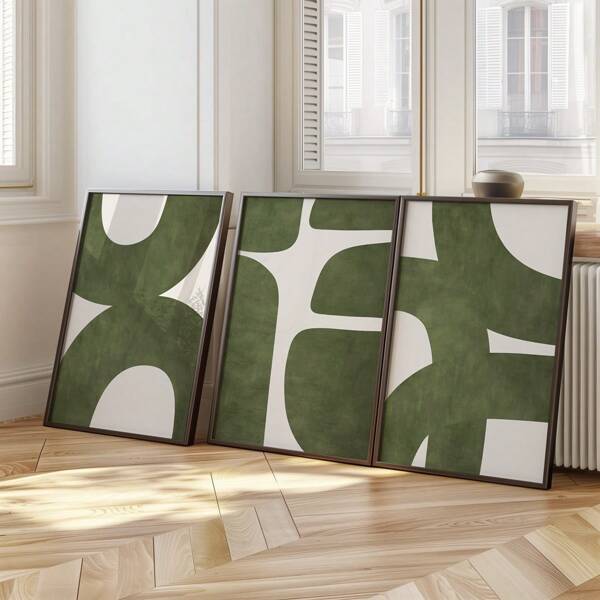 Set Of 3 Mid-Century Green Modern Minimalist Wall Arts Prints, Abstract Gallery Canvas Posters, Retro Wall Decor, Spring Decor, Easter Gift For Living Room, Bedroom, Kitchen, Cafe, Bar, Office, Hallway, Home And Room Decor Artwork, Unframed Gifts Birthday Graduation