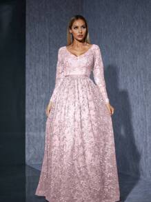 Váy nhung trong suốt thêu ren cổ chữ V họa tiết hoa không cố định tay dài - Hồng - Xem 7