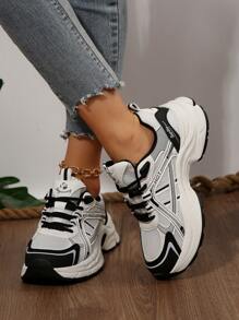 Zapatillas deportivas de suela gruesa con cordones, en patchwork de blanco y negro, de moda y versátiles para mujer, otoño 2025 - Blanco y Negro - Ver 4