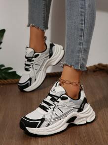 Zapatillas deportivas de suela gruesa con cordones, en patchwork de blanco y negro, de moda y versátiles para mujer, otoño 2025 - Blanco y Negro - Ver 3
