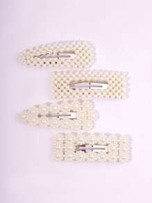 4pcs Girls' Fashionable Minimalist Pearl Flower Hair Clips, Suitable For Daily Wear - White - View 4