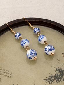 1 对复古手绘青花瓷串珠耳环，小众设计中式球形耳环，优雅女士吊坠耳环 - 耳環 - 查看 3