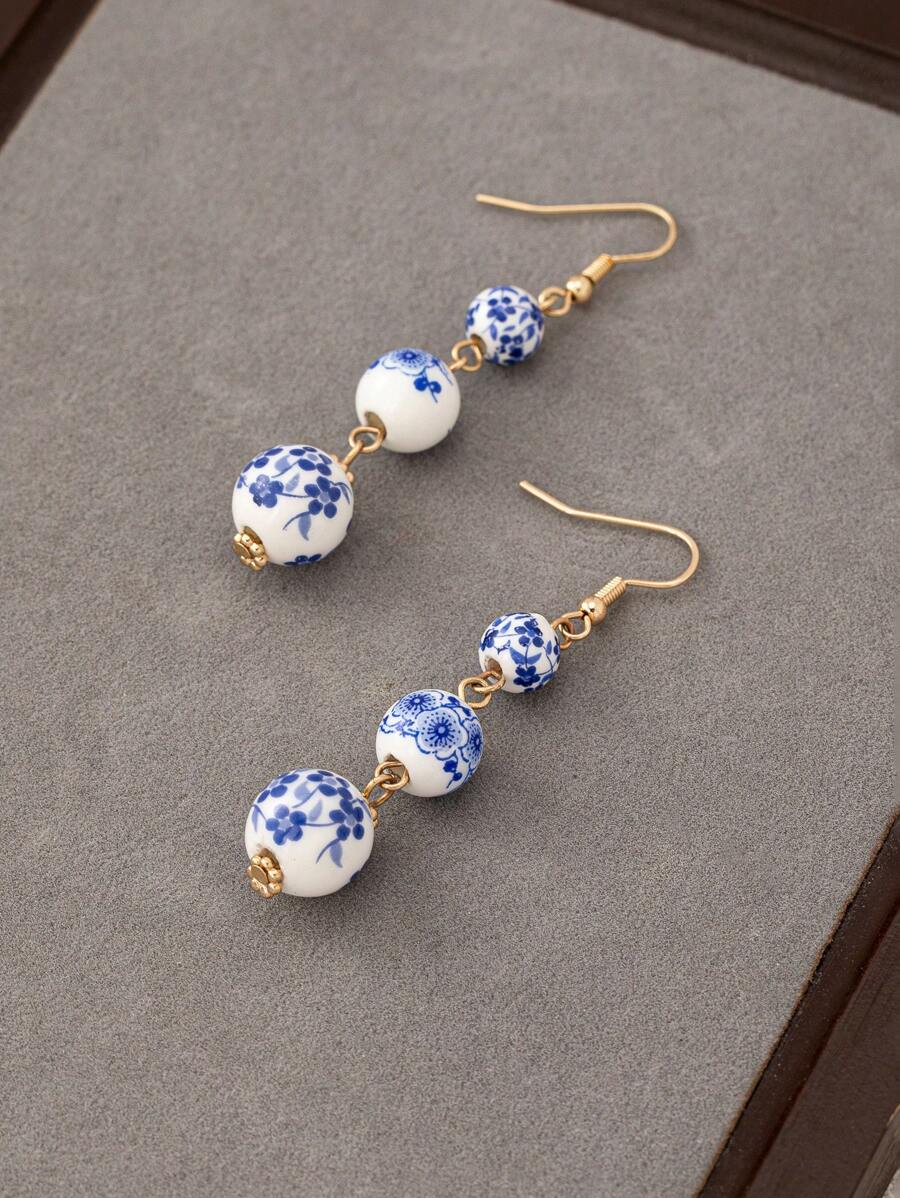 1 对复古手绘青花瓷串珠耳环，小众设计中式球形耳环，优雅女士吊坠耳环 - 耳環 - 查看 1