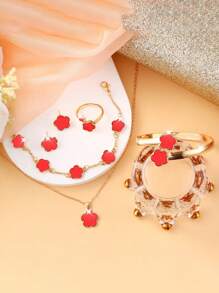 7 件/套时尚优雅红色青少年新年节日石英表和锌合金花朵首饰套装项链、手链、手链、耳环、戒指、新年礼物、情人节 - 紅色 - 查看 4