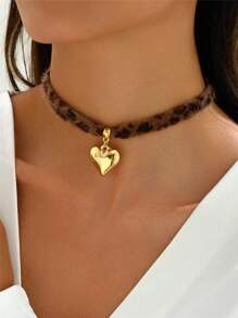 1pc Leopard Printing Necklace, Heart Bow Star Flower Pendent Necklace, Winter Necklace, Daily Accessory, Dating, Party Necklace, Woman Gift, Valentine's Day Gift Valentines