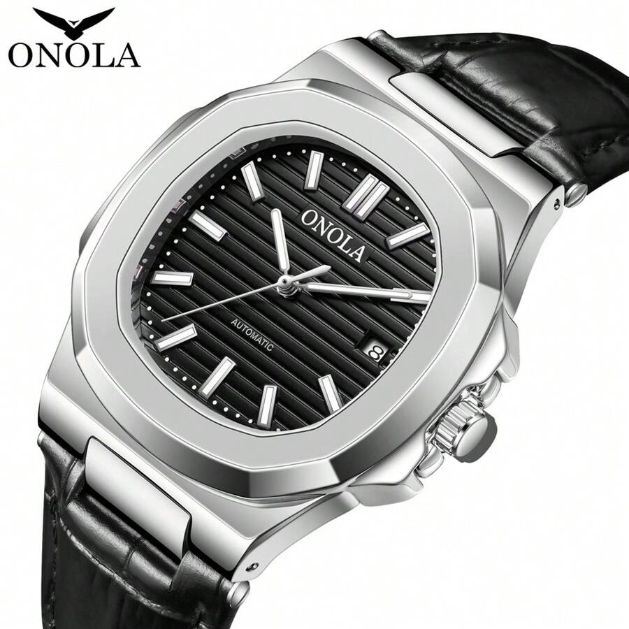ONOLA Brand Luxury Wristwatch Men Automatic Mechanical Watches Waterproof Leather Luminous Dial 30M Waterproof Watch Men - màu đen - Xem 1