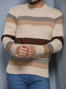 Men's Knitted Sweater Coat Sweater Cold Weather Round Neck Long Sleeve Wool Blouse - Beige - View 6