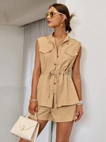 Women's Solid Color Drawstring Waist Button Up Sleeveless Top And Shorts 2 Pieces Set, Summer Casual Outfit Suitable For Vacation, Music Festival