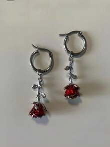 1 Pair Romantic 3d Rose Dangle Earrings For Women Retro Metal Flower Advanced Pendant Earring Silver Color Fashion Jewelry Valentine's Day Gift Valentines - hoa hồng - Xem 7