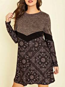 Boho Retro 70's 90's Vintage Black Black Olive Mocha Pink Mint Knit Brushed Ruffle Tiered Color Block Stripe Tunic Dress - 摩卡棕 - 查看 2