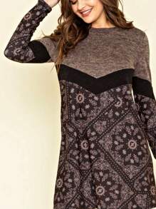 Boho Retro 70's 90's Vintage Black Black Olive Mocha Pink Mint Knit Brushed Ruffle Tiered Color Block Stripe Tunic Dress - 摩卡棕 - 查看 1
