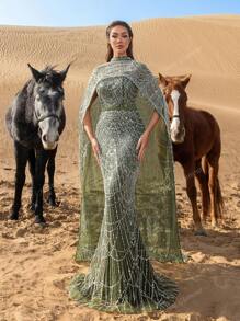 Luxurious Shimmering Beaded Sequin Maxi Cape Dress With Fish Tail Hem - Perfect For Weddings, Red Carpet Events, Desert Weddings, And Celebrity-Style Parties, Party Dress, Wedding Guest Dress, Formal Dress, Evening Dress,Gown