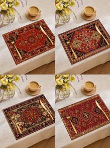 1 件/4 件/6 件波西米亚风格装饰餐垫，黑色和红色几何亚麻餐垫，可洗防污餐垫适用于家庭、餐厅、餐桌装饰、家居用品 - 彩色 - 查看 1