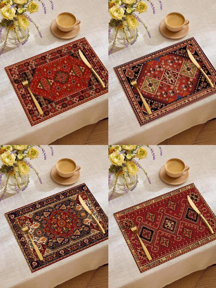 1 件/4 件/6 件波西米亚风格装饰餐垫，黑色和红色几何亚麻餐垫，可洗防污餐垫适用于家庭、餐厅、餐桌装饰、家居用品 - 彩色 - 查看 1