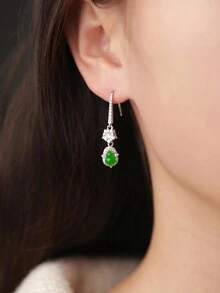 Elegant Design 925 Sterling Silver Plated Gold Jade Gourd Pendant Earrings / Full 18K Gold Plated / Size 6x4mm High-Quality Natural Jade Gourd Pair / Natural Zirconia / Pure Silver Gold Plated Craftsmanship / Hand-Clawed Setting Craftsmanship / Micro-Inlay Craftsmanship / Electroplated Gold Craftsmanship / Jewelry Gift Box Packaging / Fine Jewelry / Holiday Birthday Gift / Daily Wear Gift - Silver - View 11