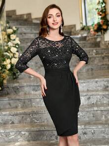 MIUSOL Sequin Floral Lace Scoop Neck Wrap Hem Cocktail Party Pencil Dress - Black - View 6