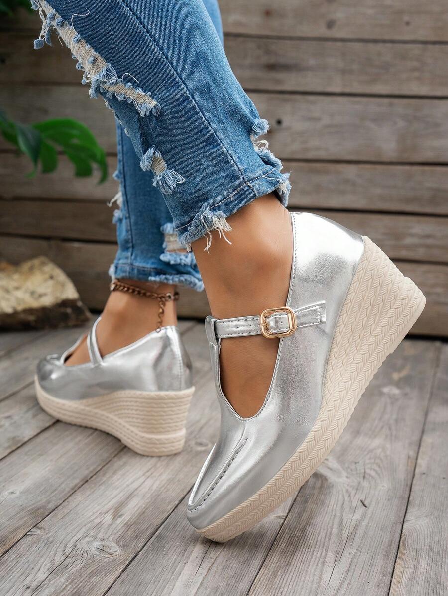 Silver T-Strap Buckle Chunky Heel Comfortable & Versatile Elegant Work Fashion Women Flat Shoes - Silver - View 1
