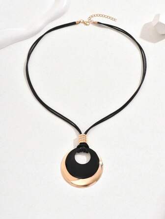 1 件朋克风格新款嘻哈黑绳项链，创意休闲几何圆形吊坠项链