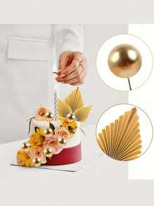 28pcs/1set Palm Leaf Cake Decorations, Gold Decoration Foam Balls, Bohemian Cake Decorations, Artificial Rose Ginkgo Leaves And Balls, Mini Paper Powder, Baked Dessert, Cake Decoration Supplies, Bohemian Flower Themed Party Supplies For Birthday, Wedding, Party