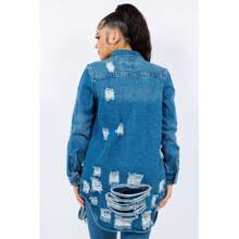 American Bazi Distressed Button Up Long Sleeve Denim Jacket - M Blue - View 2