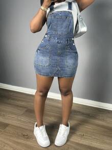 Chicsale Womens Denim Overalls Dress Casual Summer Jeans Adjustable Strap Short Rompers With Pockets - 深色水洗藍 - 查看 5