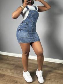 Chicsale Womens Denim Overalls Dress Casual Summer Jeans Adjustable Strap Short Rompers With Pockets - 深色水洗藍 - 查看 4