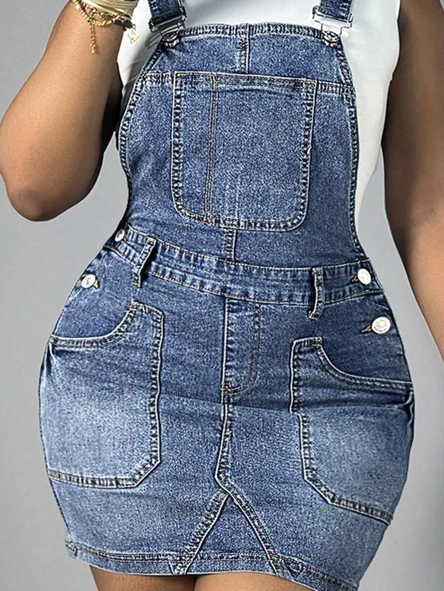 Chicsale Womens Denim Overalls Dress Casual Summer Jeans Adjustable Strap Short Rompers With Pockets - 深色水洗藍 - 查看 1