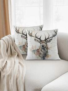 2 Pieces Deer Head Print Super Soft Throw Pillow Cover, Modern Watercolor Deer Pattern, Polyester, Zipper Closure, Decorative Cushion Cover For Home, Car, Sofa - Suitable For All Room Types (Pillow Insert Not Included) - Grey - View 3
