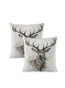 2 Pieces Deer Head Print Super Soft Throw Pillow Cover, Modern Watercolor Deer Pattern, Polyester, Zipper Closure, Decorative Cushion Cover For Home, Car, Sofa - Suitable For All Room Types (Pillow Insert Not Included) - Grey - View 4