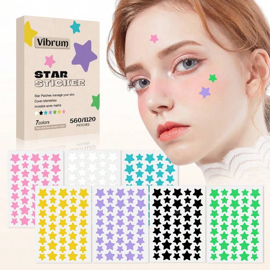 560 件/1120 件，星形贴纸套装，不含酒精，不含香料，适合所有皮肤类型，可日夜使用，最佳圣诞礼物。可用于遮盖面部缺陷和瑕疵，并装饰面部。