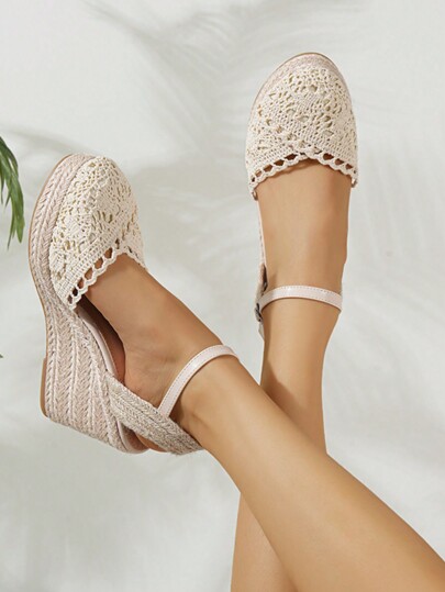 4pcs Flower Decor Buckle Linen Rope Fashion Lightweight Wedge Heel Women Shoes