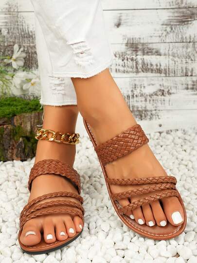 Women Woven Strap Casual Sandals, Flat Slip-On Beach Shoes, Lightweight Non-Slip Summer New Fashion French Style Suitable For Dresses, Beach, Apartment, Bohemian Thong Sandals, Comfortable Flat Slouchy Shoes