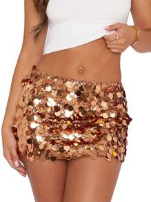 Women Wrapped Half Dress, Sequined Summer Spring Fall Dance Street Club Party Short Skirt - 金色 - 查看 2