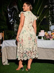 Simplee Robe élégante à imprimé floral avec volants, empiècement en dentelle, grande taille. Robe de soirée gracieuse, pour invitée de mariage, anniversaire