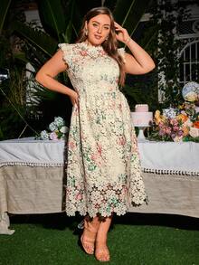 Simplee Robe élégante à imprimé floral avec volants, empiècement en dentelle, grande taille. Robe de soirée gracieuse, pour invitée de mariage, anniversaire