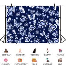 Fondo de cumpleaños con corazones azules, fondo de fotografía estilo principios de los 2000, con destellos y mariposas blancas, banner de decoración para fiesta de cumpleaños, ducha y photobooth - Azul Marino - Ver 6