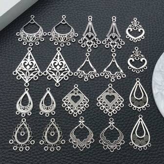 20/60pcs Mix Vintage Hoop Earring Charms Collection Bohemian Style Antique Silver Tone Filigree Chandelier Connector Metal Pendant Craft Supplies Findings For Earrings Handmade